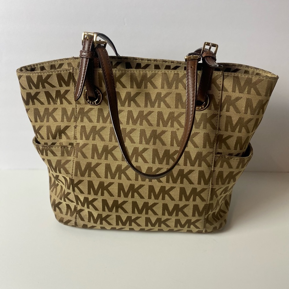 Michael Kors MK Monogram Tote Bag Tan Brown Leather Trim OS